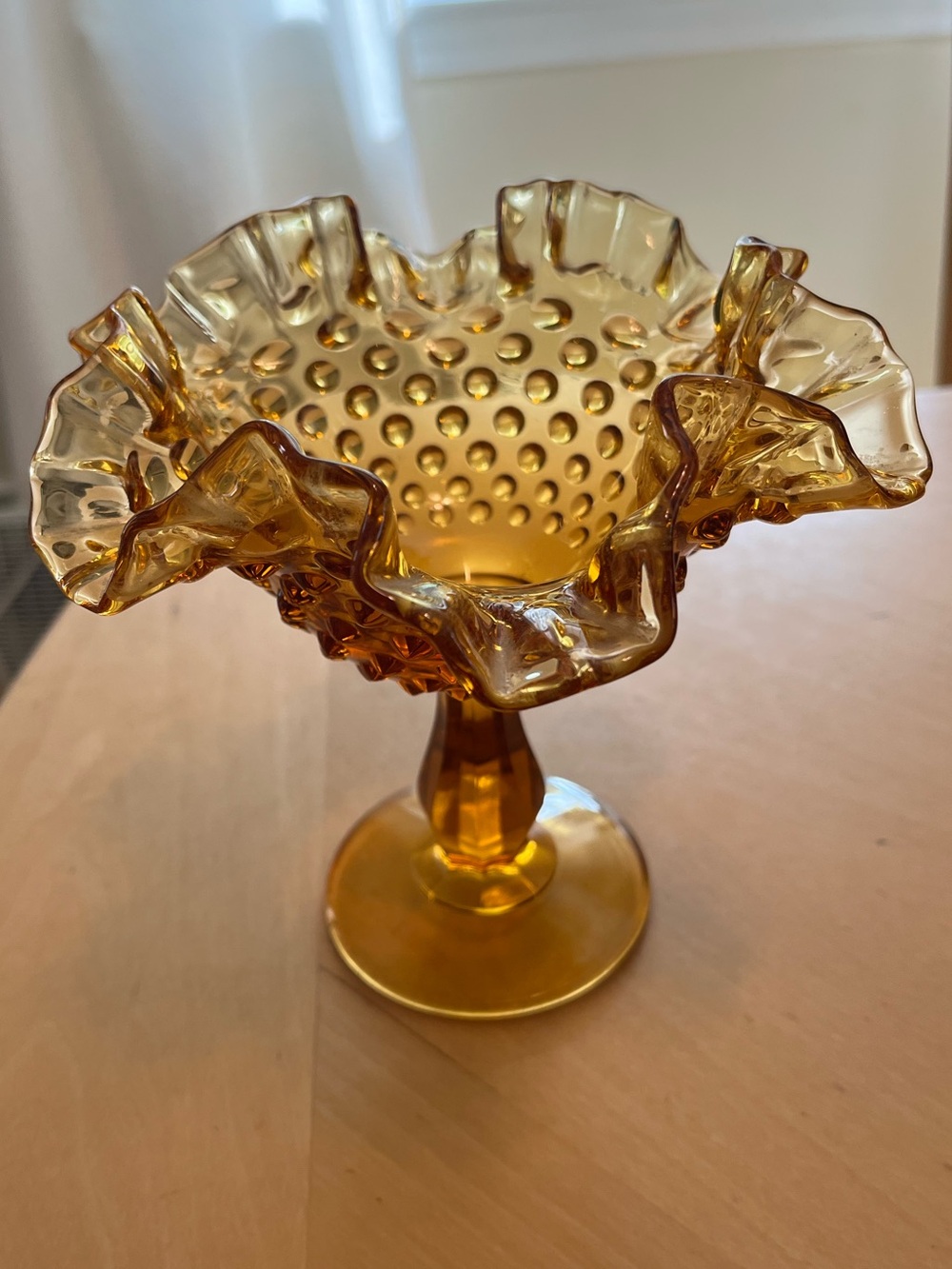 Vintage 1960s Fenton Amber Hobnail Compote • Ruffled Edge Pedestal Bowl
